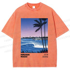Unisex Sea Wave Poster Printed Washed Tee