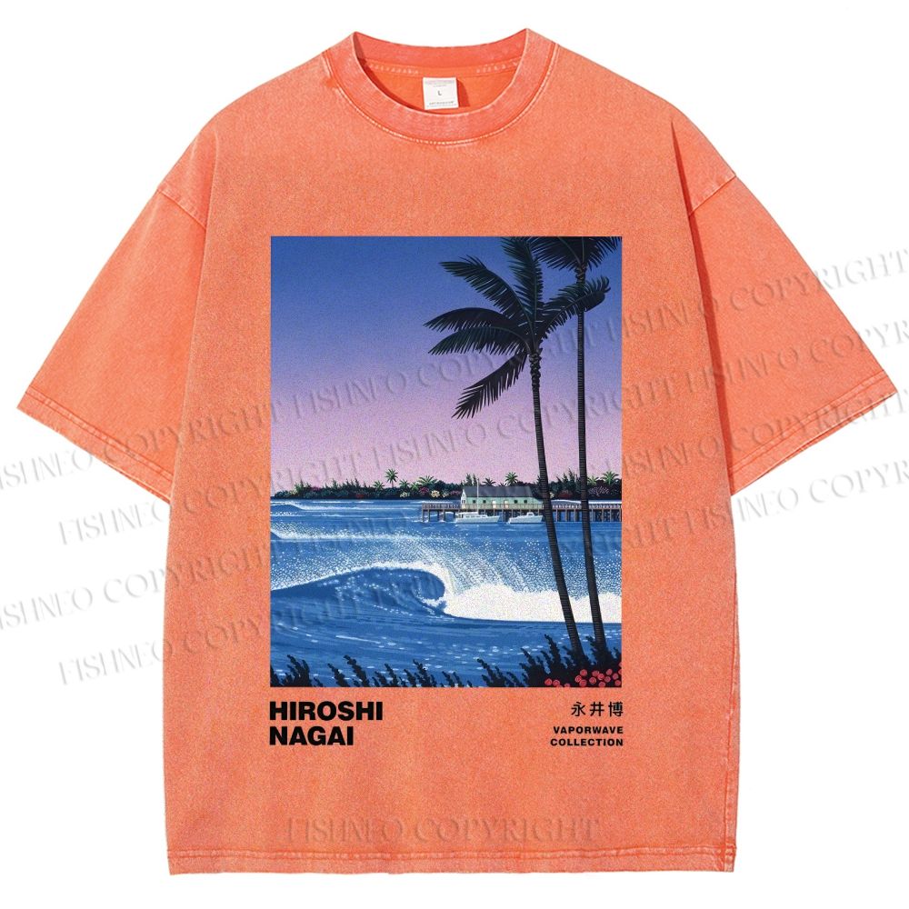 Unisex Sea Wave Poster Printed Washed Tee