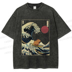 Unisex Vintage Japanese Art Wave Capybara Printed Washed Tee