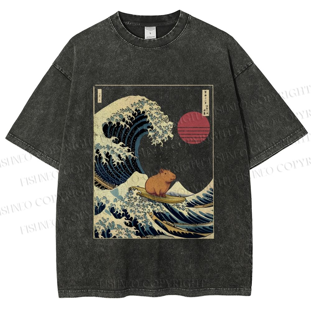 Unisex Vintage Japanese Art Wave Capybara Printed Washed Tee