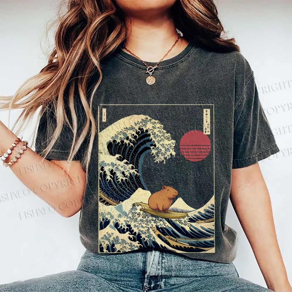 Unisex Vintage Japanese Art Wave Capybara Printed Washed Tee