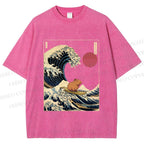 Unisex Vintage Japanese Art Wave Capybara Printed Washed Tee