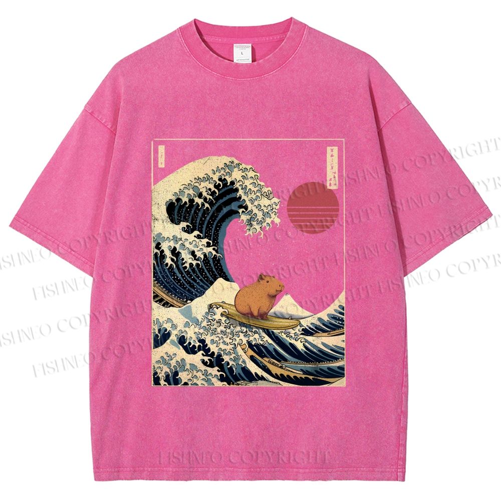 Unisex Vintage Japanese Art Wave Capybara Printed Washed Tee