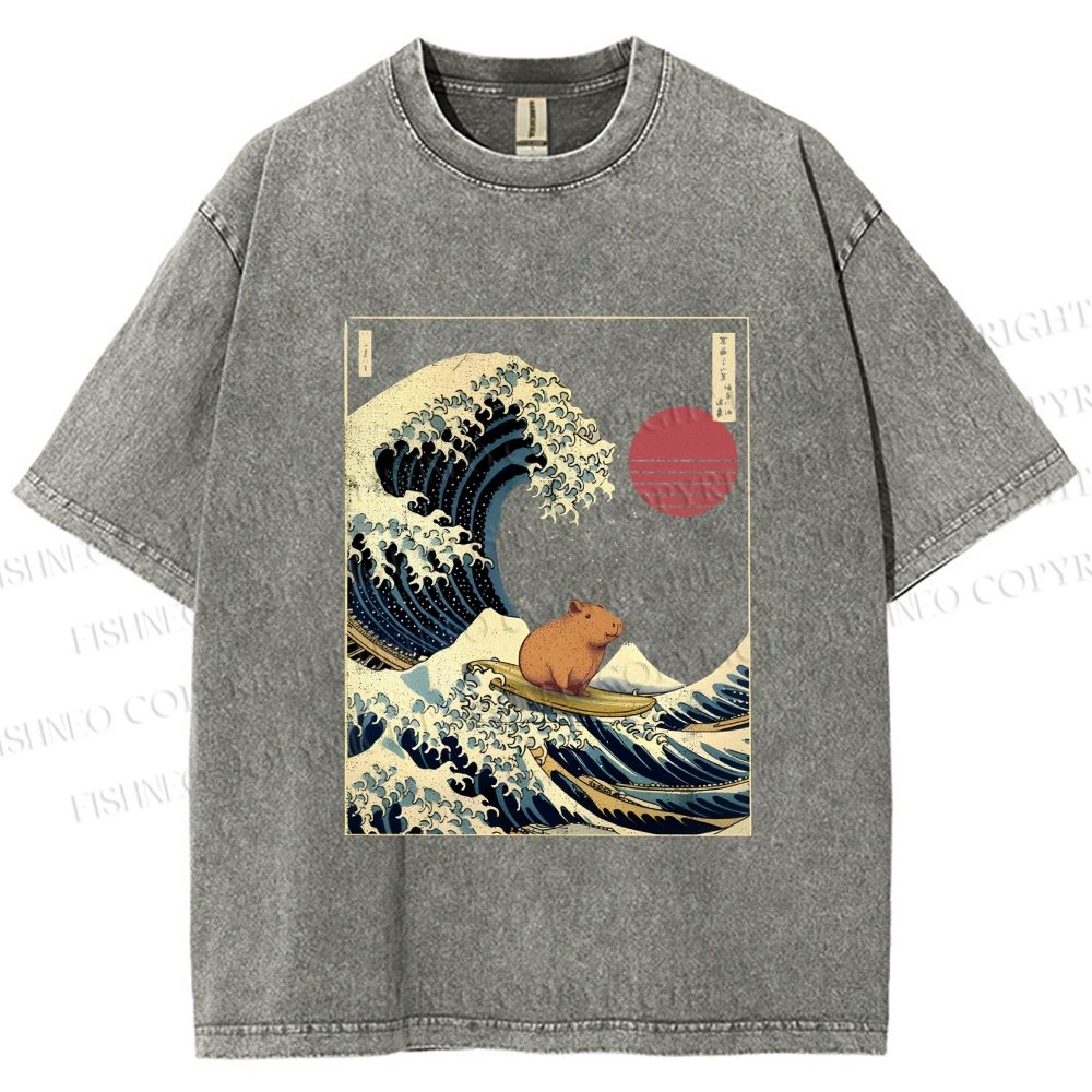 Unisex Vintage Japanese Art Wave Capybara Printed Washed Tee