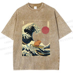 Unisex Vintage Japanese Art Wave Capybara Printed Washed Tee