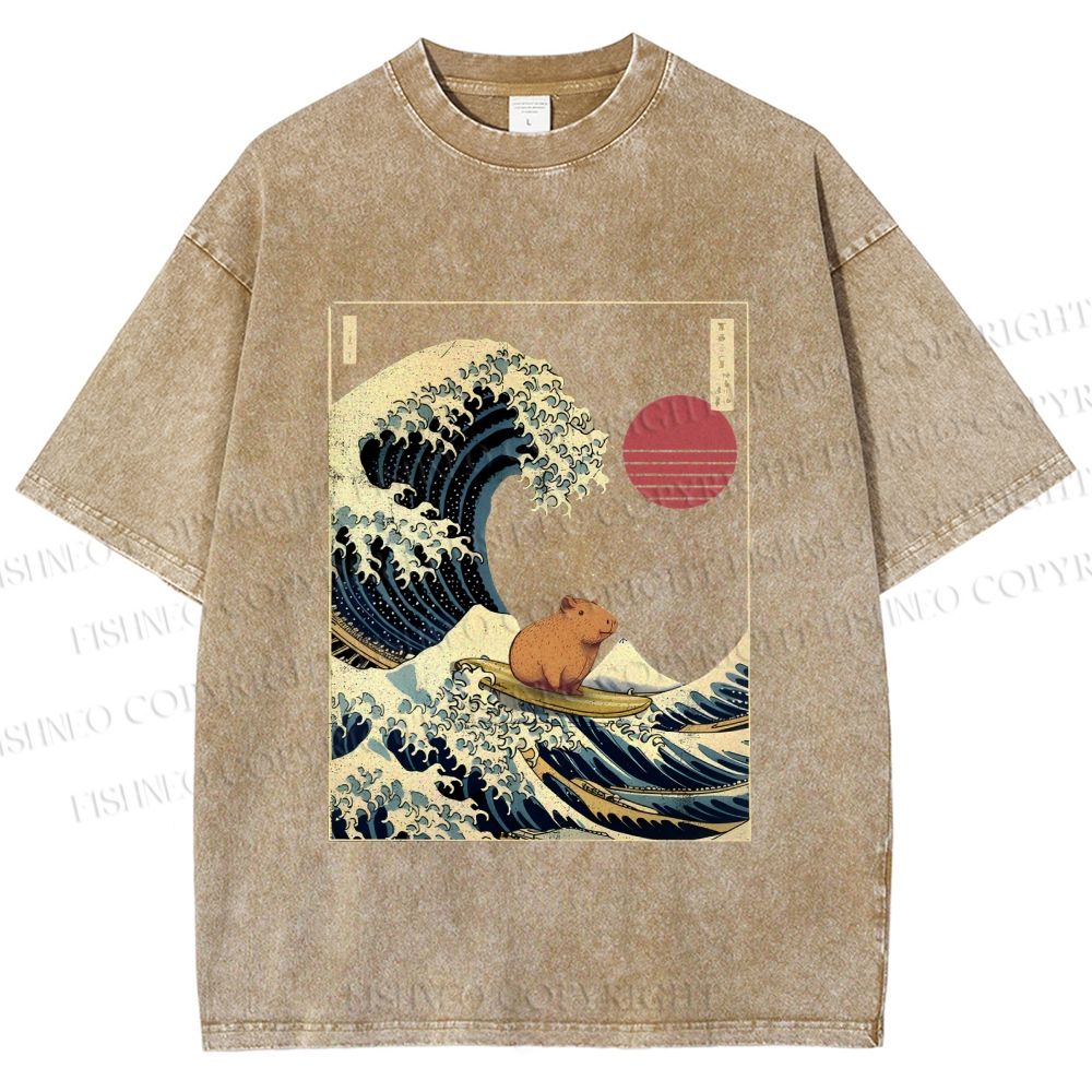 Unisex Vintage Japanese Art Wave Capybara Printed Washed Tee