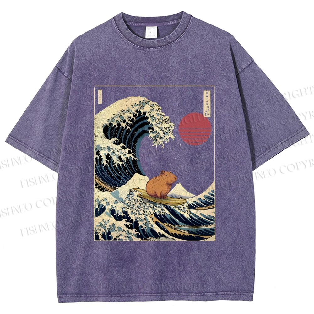 Unisex Vintage Japanese Art Wave Capybara Printed Washed Tee