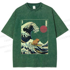 Unisex Vintage Japanese Art Wave Capybara Printed Washed Tee