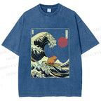 Unisex Vintage Japanese Art Wave Capybara Printed Washed Tee