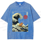 Unisex Vintage Japanese Art Wave Capybara Printed Washed Tee