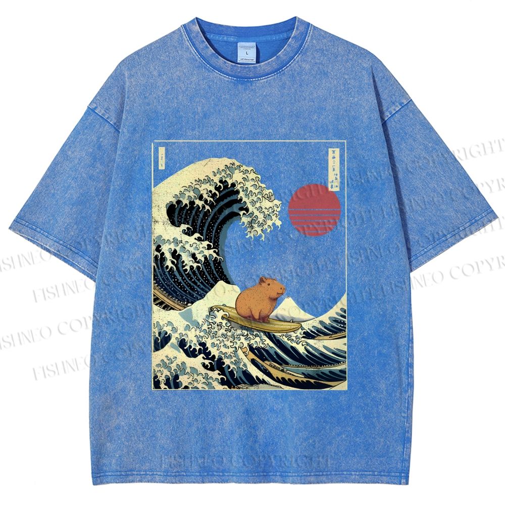 Unisex Vintage Japanese Art Wave Capybara Printed Washed Tee