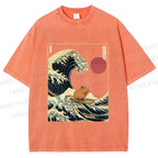 Unisex Vintage Japanese Art Wave Capybara Printed Washed Tee