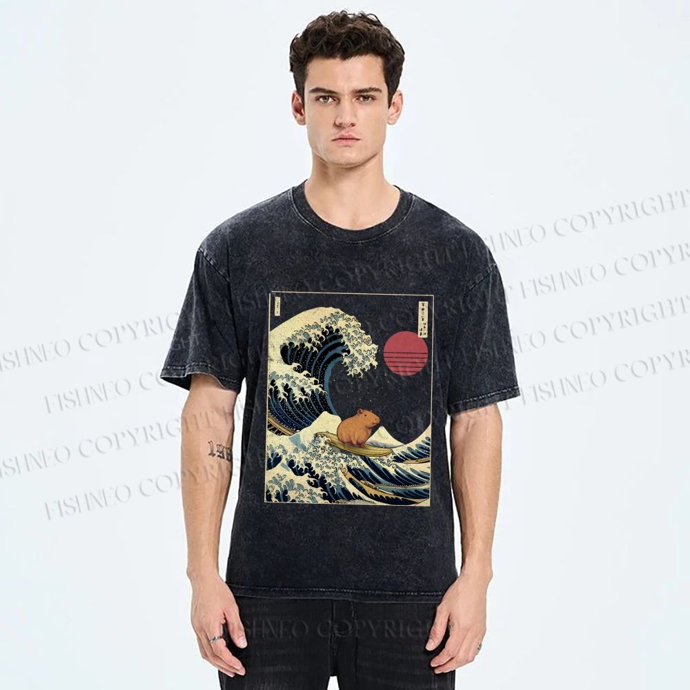 Unisex Vintage Japanese Art Wave Capybara Printed Washed Tee