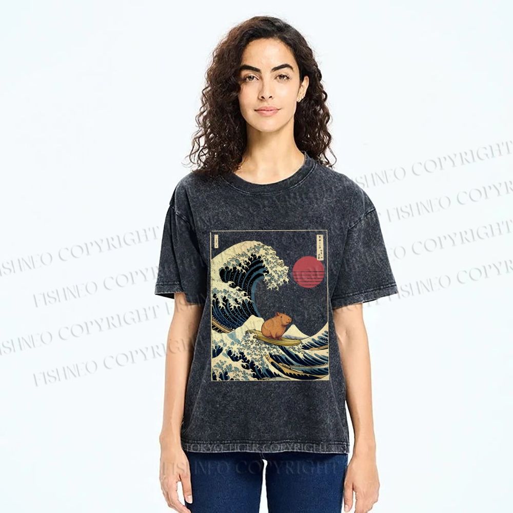 Unisex Vintage Japanese Art Wave Capybara Printed Washed Tee