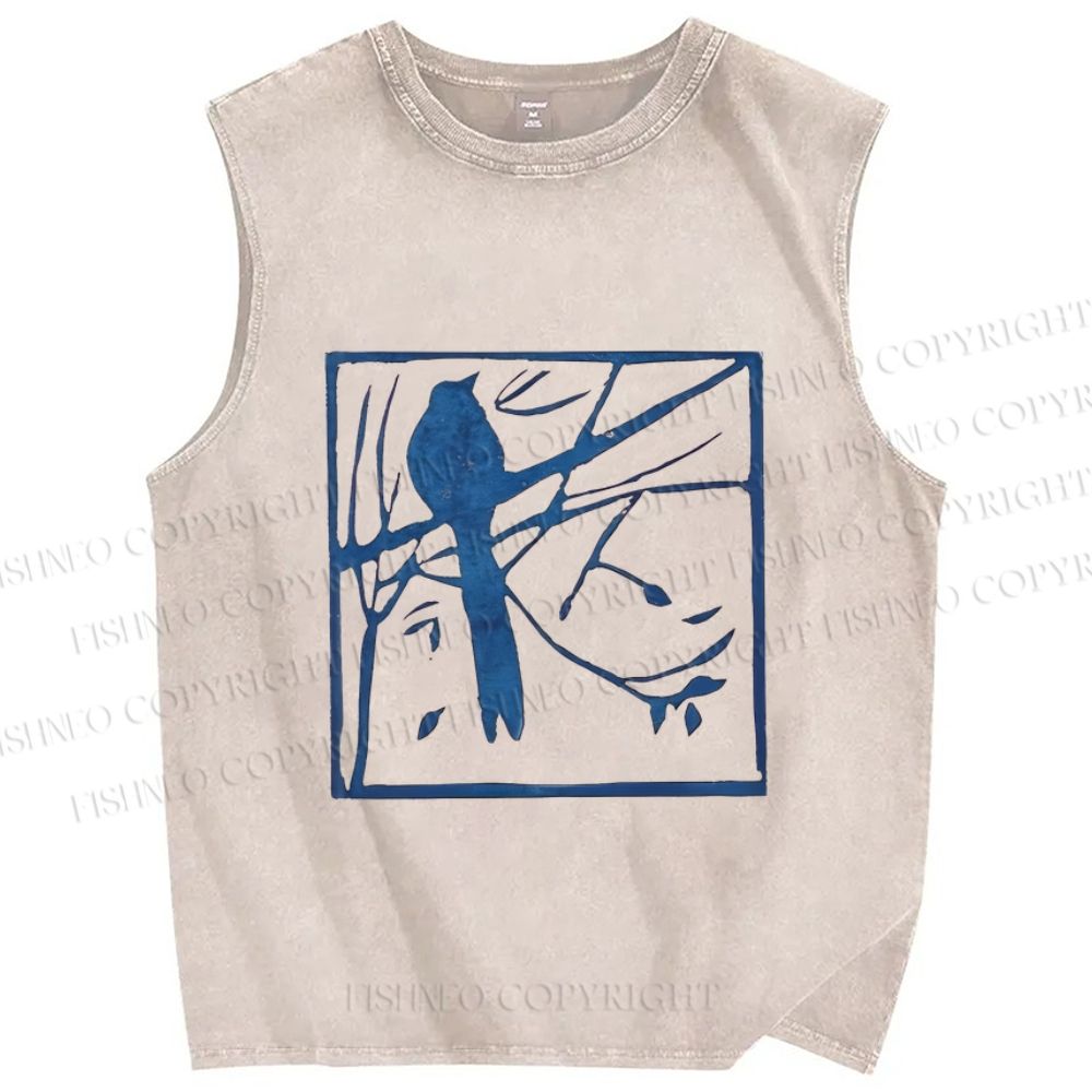 Unisex Vintage Birds Printed Washed Tank Top