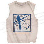 Unisex Vintage Birds Printed Washed Tank Top