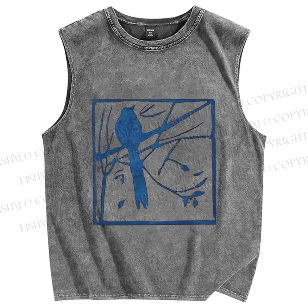Unisex Vintage Birds Printed Washed Tank Top