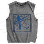 Unisex Vintage Birds Printed Washed Tank Top