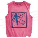 Unisex Vintage Birds Printed Washed Tank Top