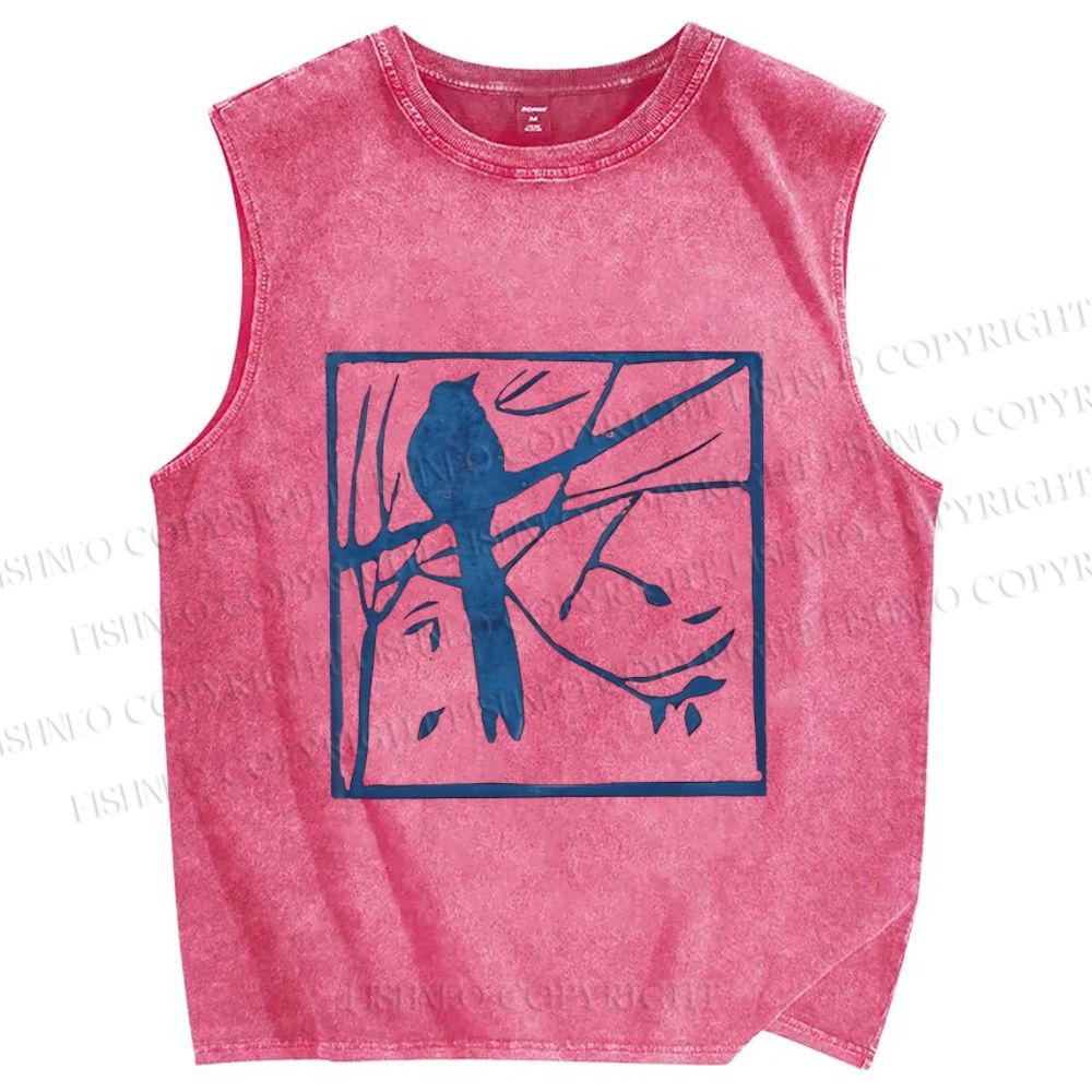 Unisex Vintage Birds Printed Washed Tank Top