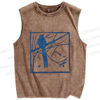 Unisex Vintage Birds Printed Washed Tank Top