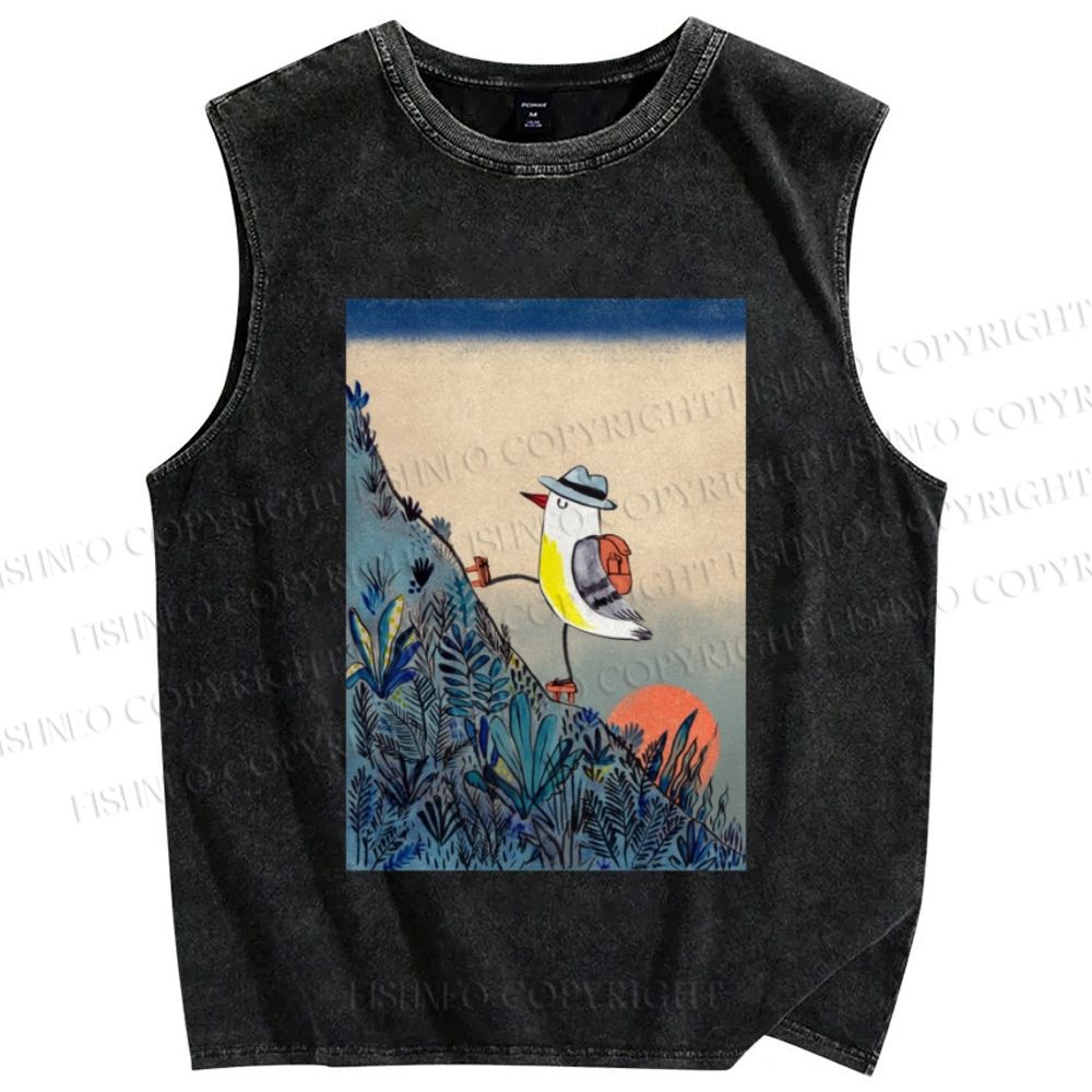 Unisex Seagull Bird Vintage Japanese Art Printed Washed Tank Top