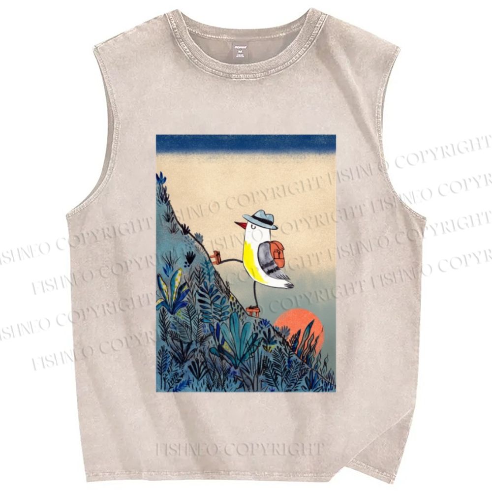 Unisex Seagull Bird Vintage Japanese Art Printed Washed Tank Top
