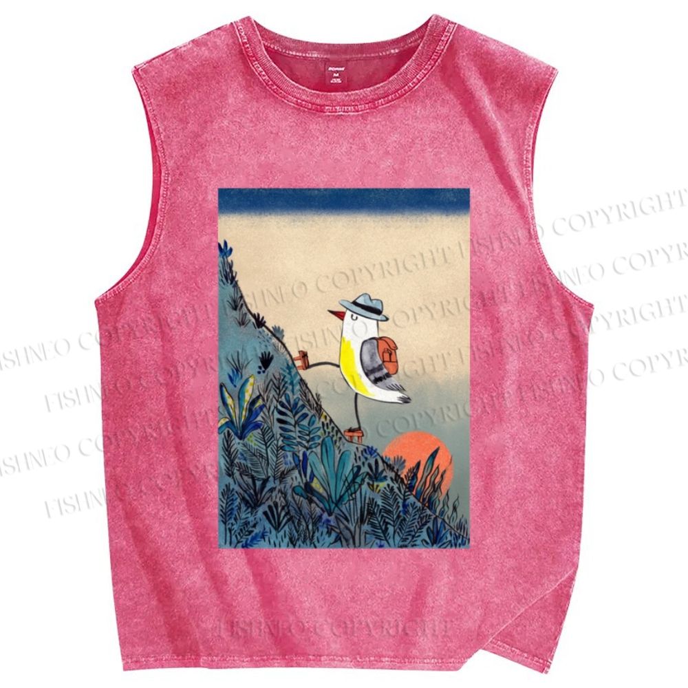 Unisex Seagull Bird Vintage Japanese Art Printed Washed Tank Top