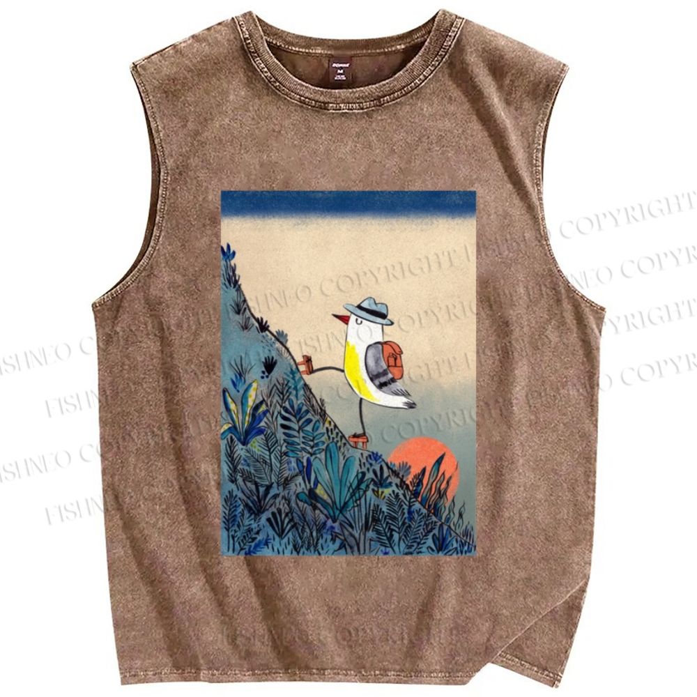 Unisex Seagull Bird Vintage Japanese Art Printed Washed Tank Top