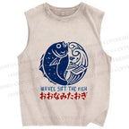 Unisex Vintage Fish Printed Washed Tank Top