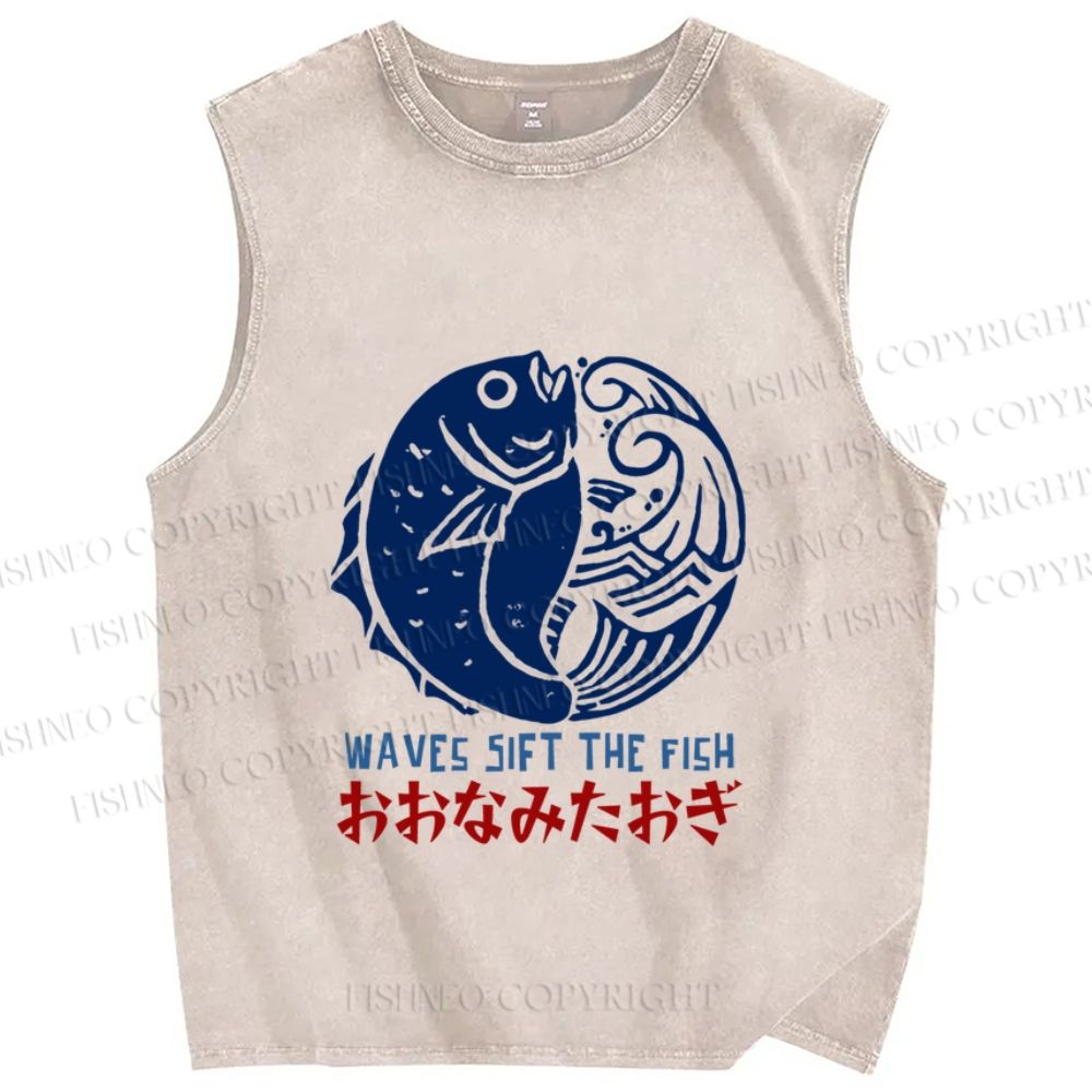 Unisex Vintage Fish Printed Washed Tank Top