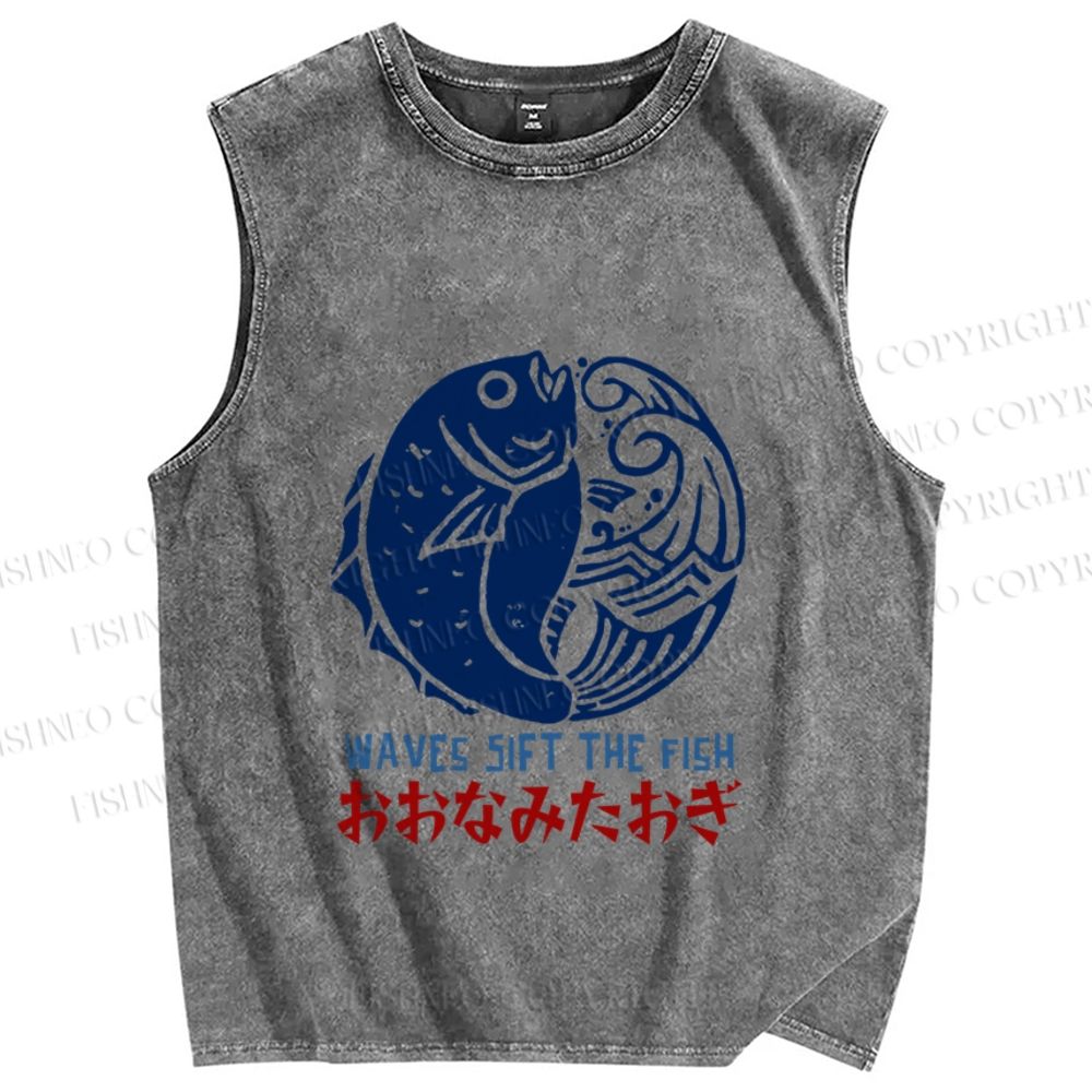 Unisex Vintage Fish Printed Washed Tank Top