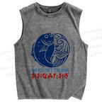 Unisex Vintage Fish Printed Washed Tank Top