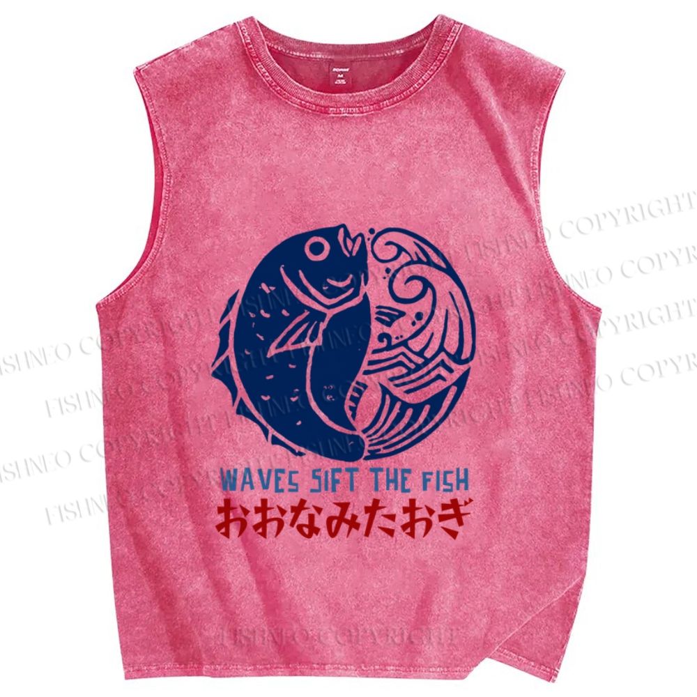 Unisex Vintage Fish Printed Washed Tank Top