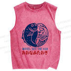 Unisex Vintage Fish Printed Washed Tank Top