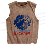 Unisex Vintage Fish Printed Washed Tank Top