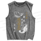 Unisex Vintage Fish Printed Washed Tank Top