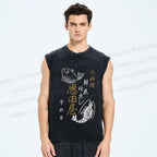 Unisex Vintage Fish Printed Washed Tank Top