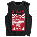 Unisex Japanese Sunset Printed Washed Tank Top