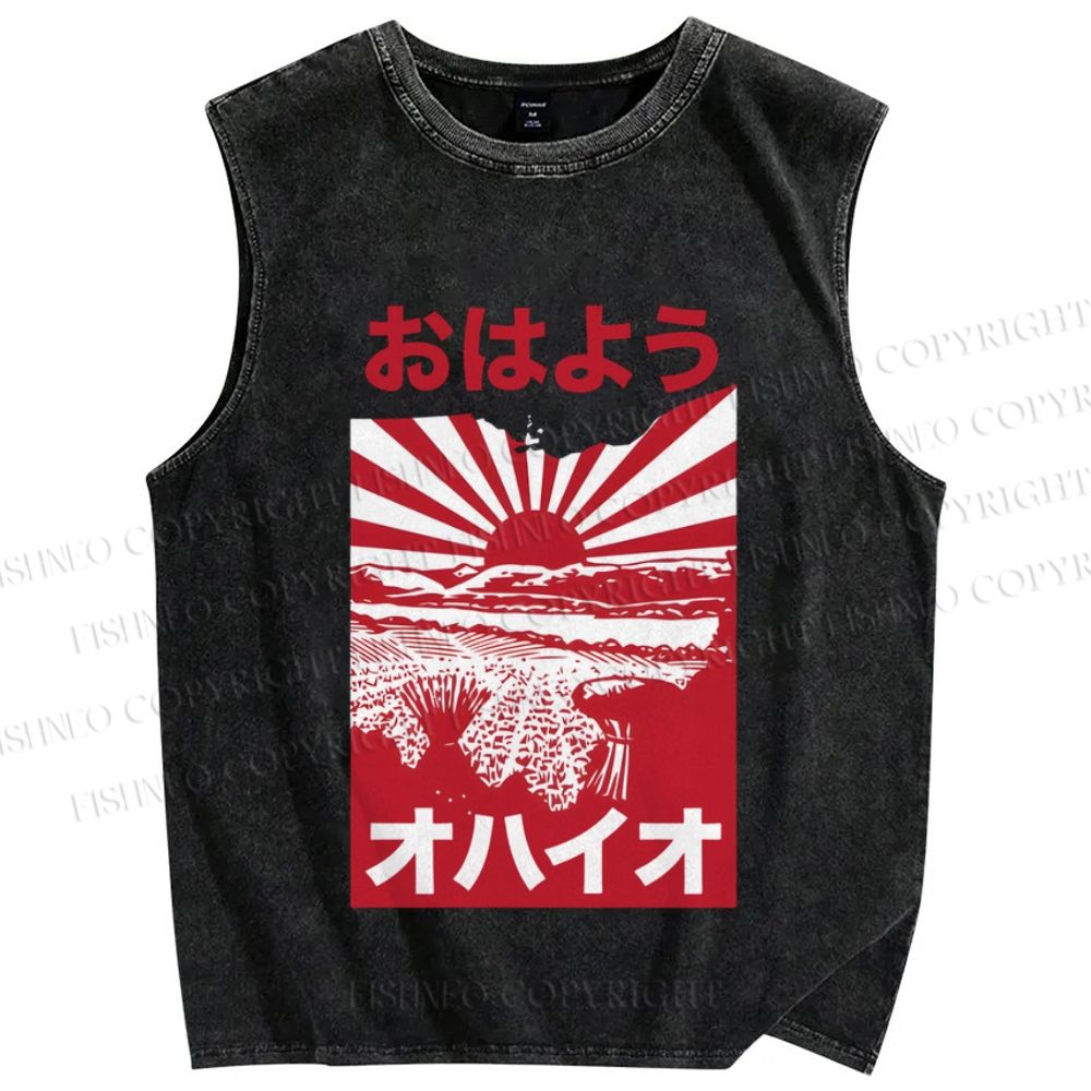 Unisex Japanese Sunset Printed Washed Tank Top