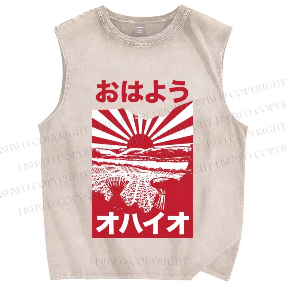 Unisex Japanese Sunset Printed Washed Tank Top