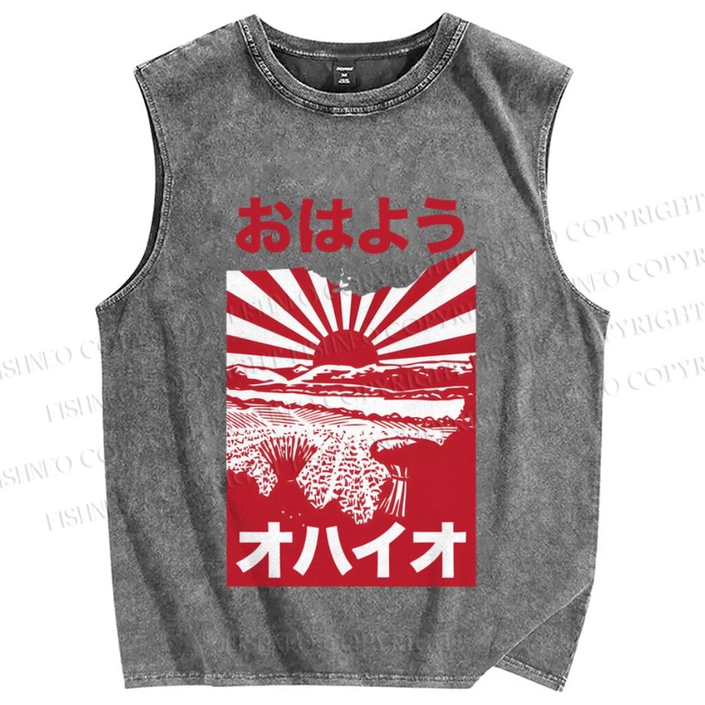 Unisex Japanese Sunset Printed Washed Tank Top