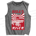 Unisex Japanese Sunset Printed Washed Tank Top