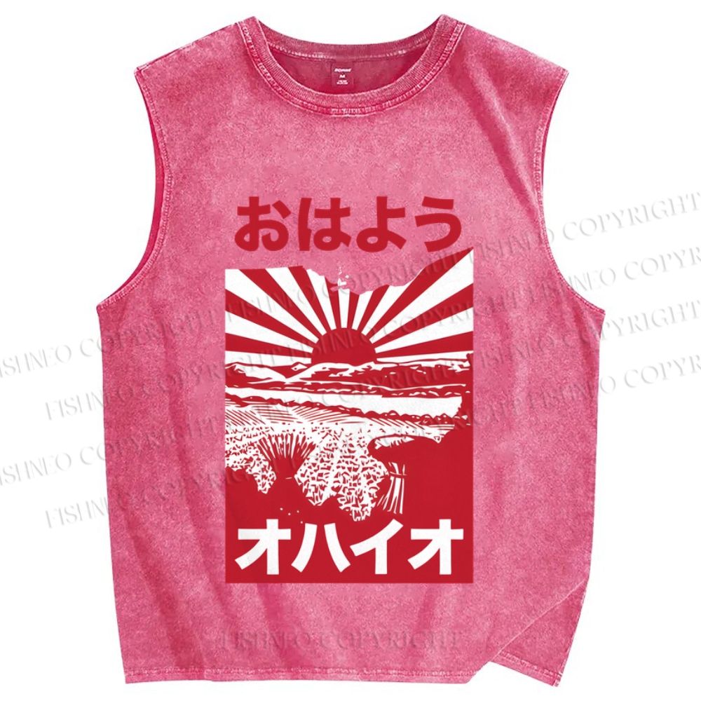 Unisex Japanese Sunset Printed Washed Tank Top