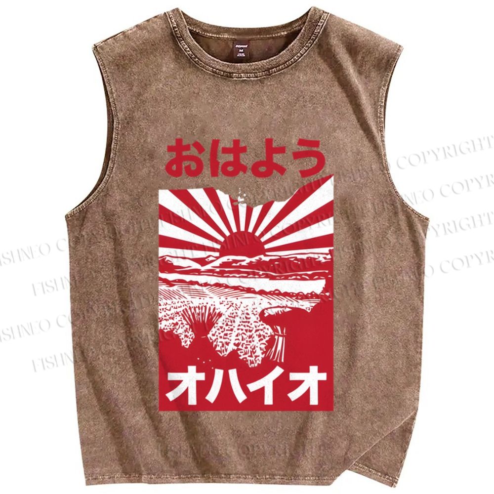 Unisex Japanese Sunset Printed Washed Tank Top