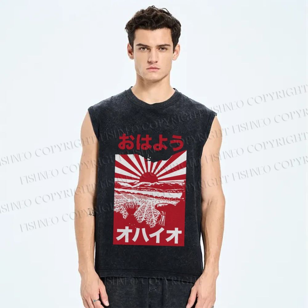 Unisex Japanese Sunset Printed Washed Tank Top