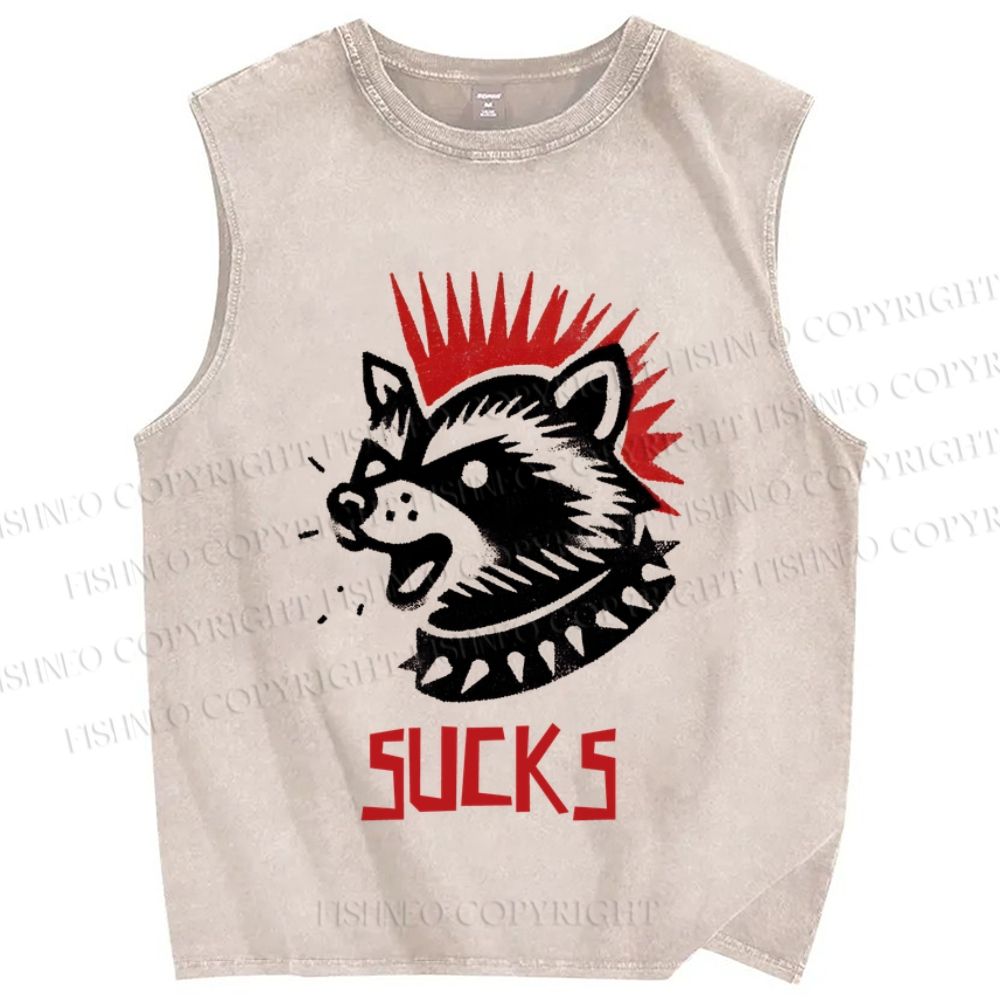 Unisex Punk Raccoon Sucks Printed Washed Tank Top