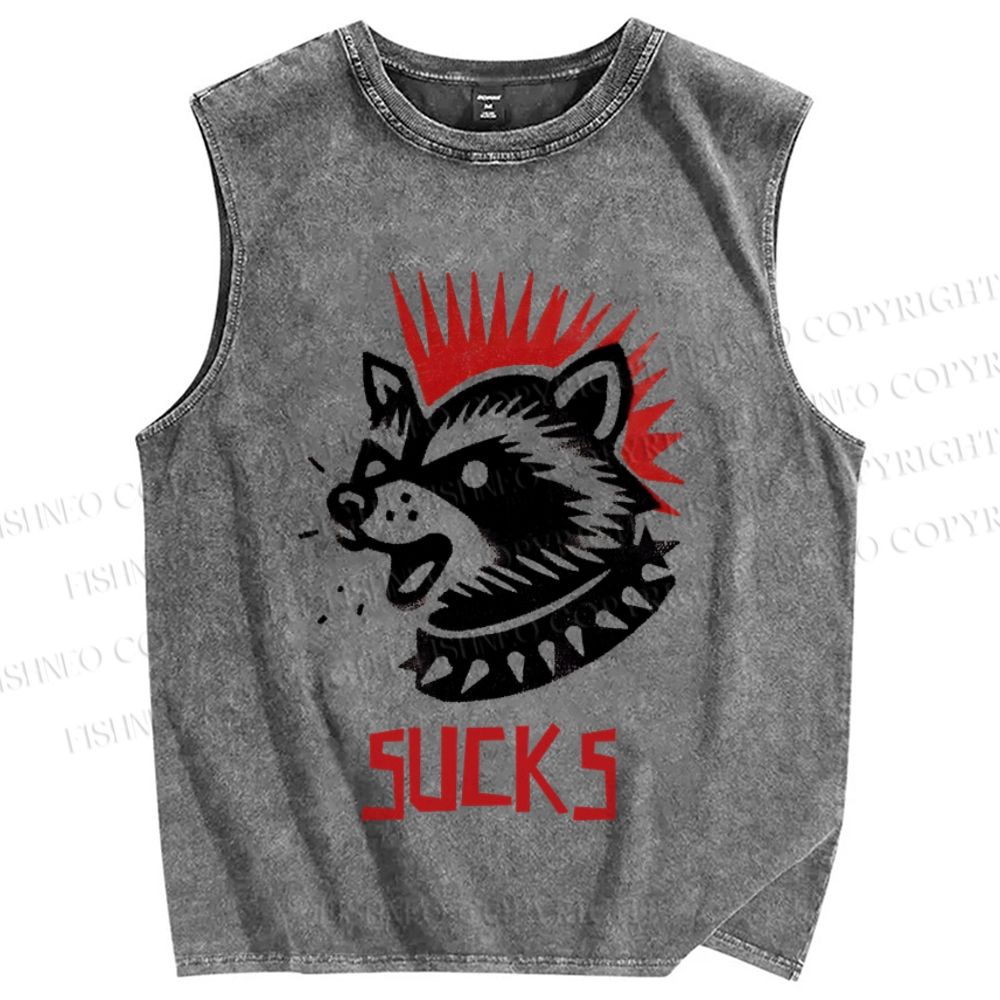 Unisex Punk Raccoon Sucks Printed Washed Tank Top