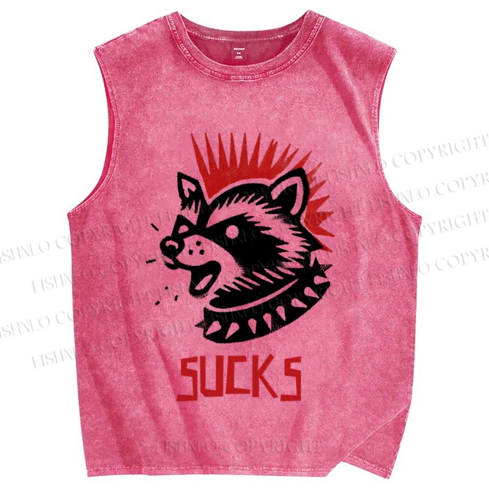 Unisex Punk Raccoon Sucks Printed Washed Tank Top