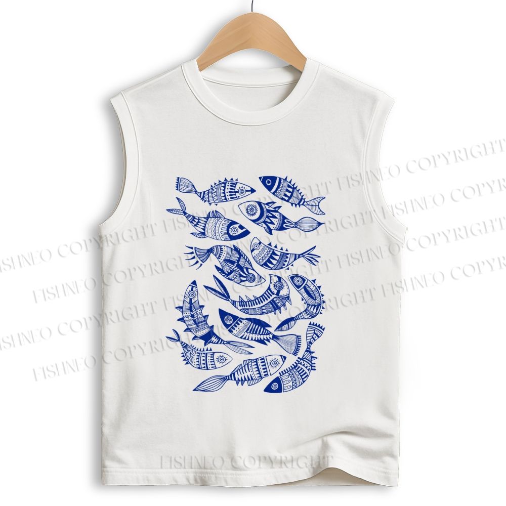 Unisex Vintage Fish Graffiti Printed Cotton Tank Top